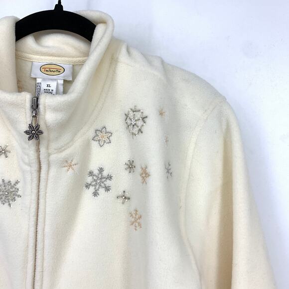 Talbots Fleece Jacket Womens XL Cream Embroidered Snowflake Full Zip Winter Cozy - Picture 3 of 6